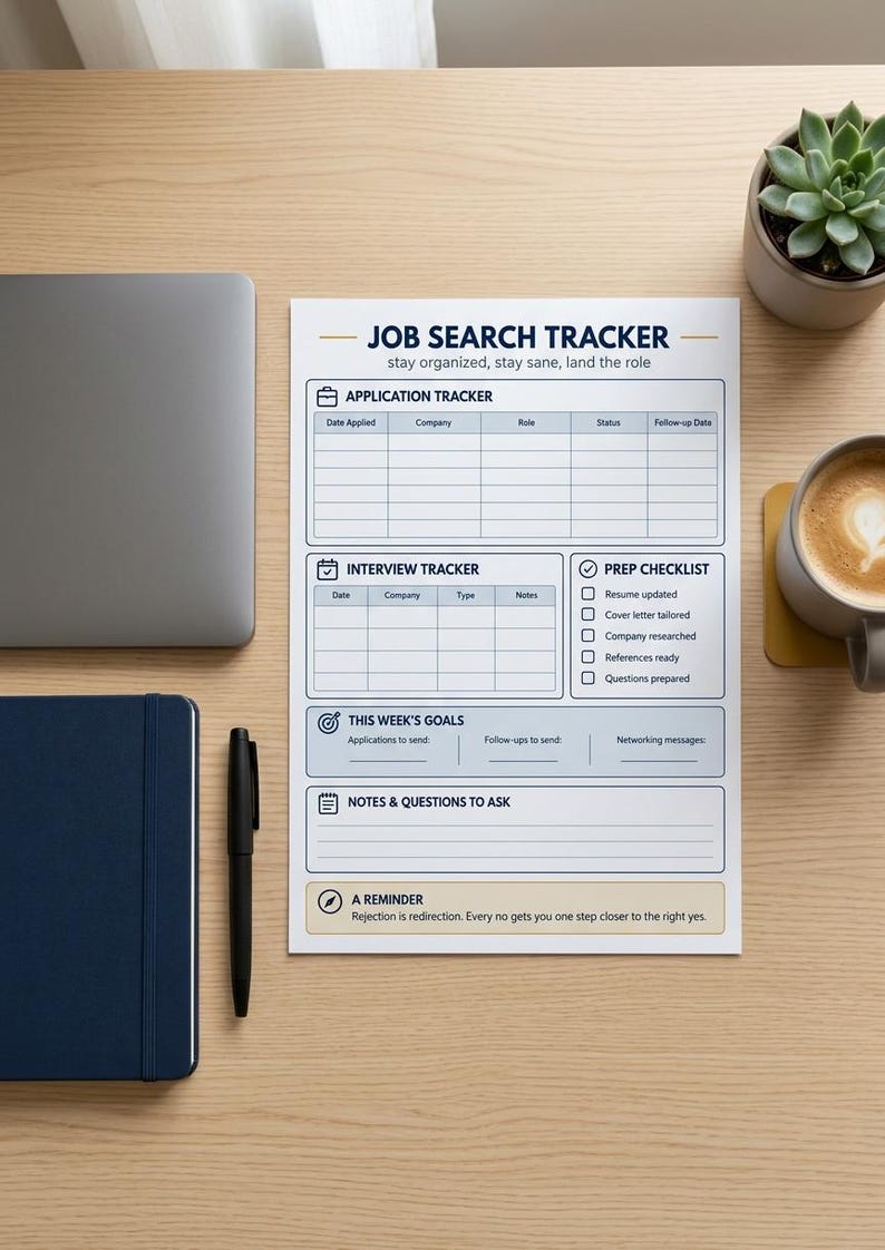 May include: A white paper job search tracker with blue text and borders. Sections include Application Tracker, Interview Tracker, Prep Checklist, This Week's Goals, Notes & Questions to Ask, and a reminder stating Rejection is redirection.