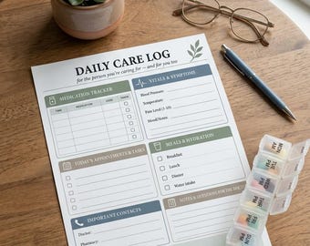 Puede incluir: Un formulario de registro de cuidados diarios con secciones para medicamentos, signos vitales, citas, comidas y contactos. El documento presenta encabezados verdes y azules, un icono de planta y el texto A GENTLE REMINDER. Incluye pastillero, bolígrafo y gafas.