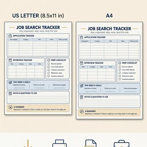 May include: A job search tracker template in US Letter 8.5x11 inch and A4 formats. The document includes sections for application tracking, interview tracking, a prep checklist, weekly goals, notes, and a reminder about rejection being redirection.