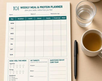 Puede incluir: Una hoja de planificación semanal de comidas y proteínas con encabezados en color verde azulado. La cuadrícula incluye columnas para desayuno, almuerzo, cena, snacks, proteínas en gramos y agua, además de secciones para síntomas y metas.