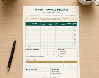 Puede incluir: Una hoja imprimible de seguimiento de deudas con encabezado verde oscuro, que incluye secciones para nombres de deuda, saldos, tasas de interés y fechas de vencimiento, además de una barra de progreso y espacios para metas.