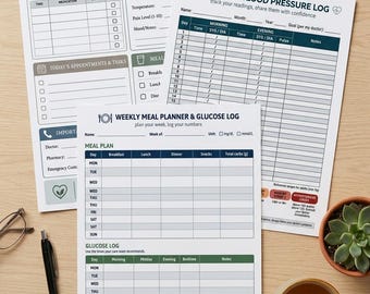 Puede incluir: Tres formularios impresos de seguimiento de salud en papel, que incluyen un registro de cuidados diarios, un registro mensual de presión arterial y un planificador semanal de comidas y glucosa, con tablas y casillas para anotar datos.