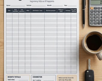 May include: A white monthly mileage log sheet with a steering wheel icon and text reading Monthly Mileage Log, log every trip as it happens. The form includes columns for date, odometer readings, miles, destination, business purpose, and expenses.