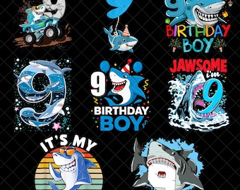 9th Birthday Shark PNG Bundle, Baby Shark Party Digital Download, Jawsome Shirt Design, Ocean Animals Clipart