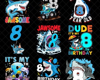 8th Birthday Shark PNG Bundle, Baby Shark Party Digital Download, Jawsome Shirt Design, Ocean Animals Clipart