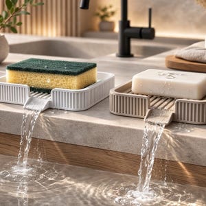 May include: Two soap dishes with water flowing from them. One dish holds a green and yellow sponge, the other holds a bar of soap. The dishes are white and beige, with a ribbed design. The water flows into a sink.