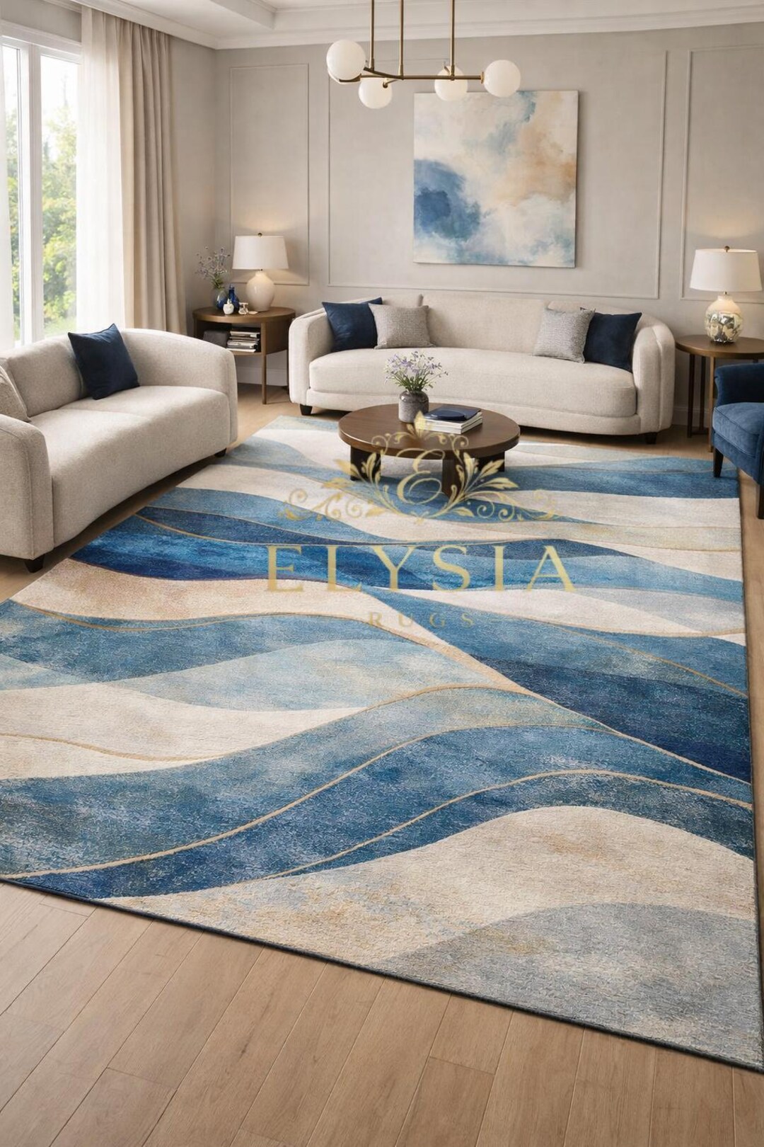 Hand Tufted Wool Rug, Blue Ocean Wave Abstract Coastal Style Accent - Etsy
