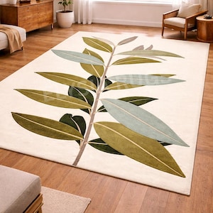 Botanical Leaf Area Rug, Minimal Nature Tufted Wool Rug.
