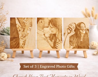 Lot de 3 photos personnalisées sur bois - Plaques photo personnalisées en bois A6 gravées avec mini chevalets - Cadeau souvenir de famille, souvenir d'anniversaire