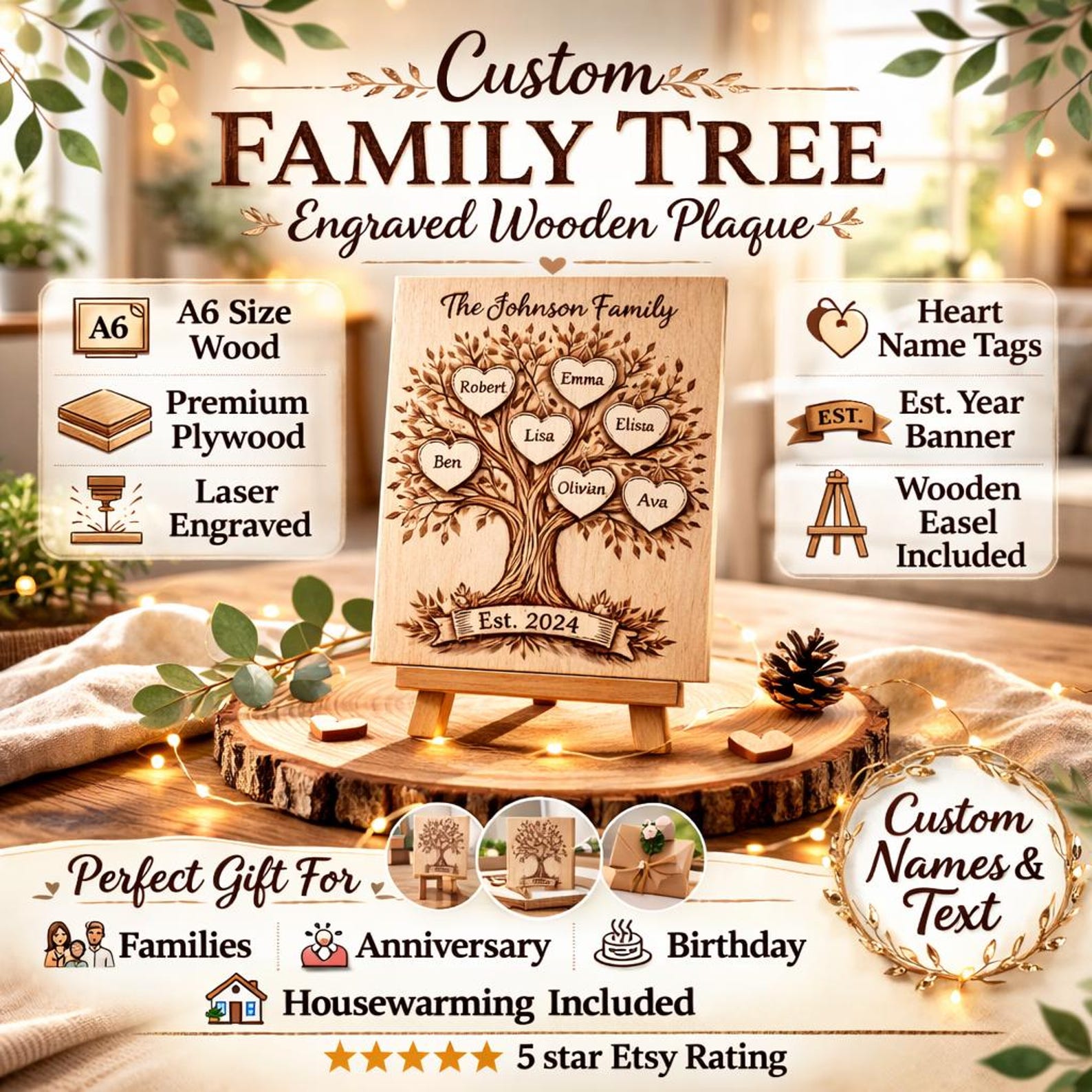 Personalized Family Tree Wood Plaque - Custom Family Name Sign With ...