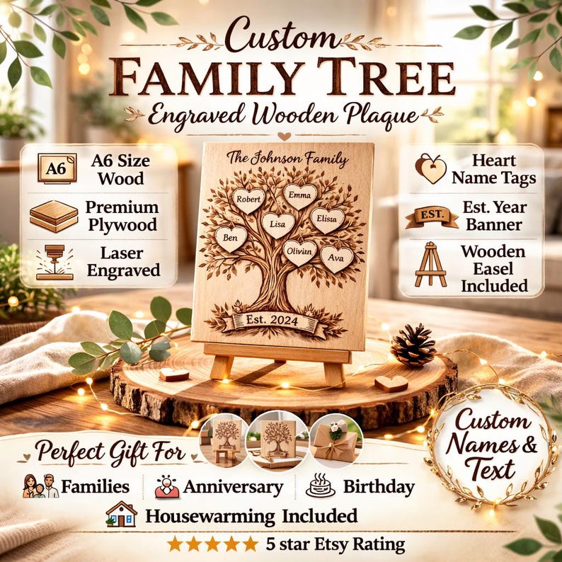 Personalized Family Tree Wood Plaque - Custom Family Name Sign With ...