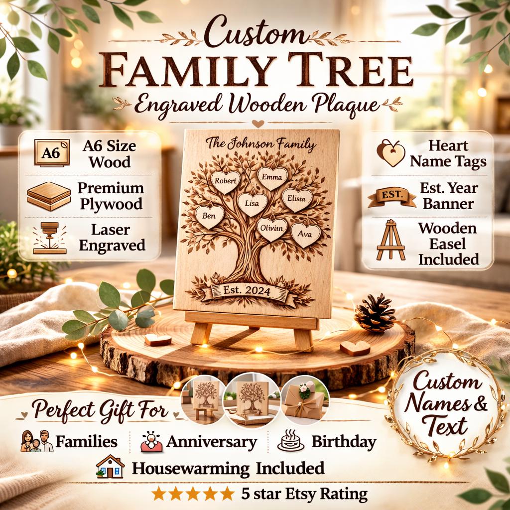 Personalized Family Tree Wood Plaque - Custom Family Name Sign With ...