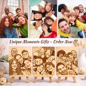 Könnte beinhalten: Eine Collage von lächelnden Menschen und Holztafeln mit eingravierten Porträts. Die Tafeln werden auf kleinen Holzstaffeleien präsentiert. Der Text "Unique Momento Gifts - Order Now !!!" ist sichtbar.