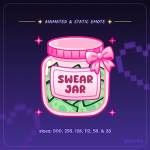 Op de afbeelding: Een cartoon illustratie van een roze pot met deksel, met het label "SWEAR JAR" en versierd met een roze strik. De pot is gevuld met groene bankbiljetten. Donkerpaarse achtergrond met roze sterren en pixelvormen.