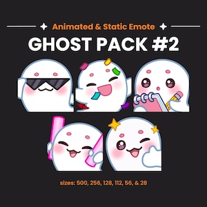 May include: A digital collection titled Animated & Static Emote GHOST PACK #2 featuring five white ghost characters with pink cheeks. The ghosts are shown wearing sunglasses, throwing confetti, holding a pink notebook, using glow sticks, and winking.