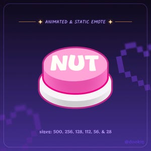 May include: A circular pink button with the white text NUT centered on top, set against a dark purple background. The text above reads ANIMATED & STATIC EMOTE, and the text below lists sizes: 500, 256, 128, 112, 56, & 28. A pixelated heart is visible.