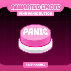 Puede incluir: Un botón de emoticono animado rosa con la palabra "PANIC" en blanco. El botón está sobre un fondo rosa con el texto "ANIMATED EMOTE PINK PANIC BUTTON" en la parte superior. El nombre de la tienda Etsy "DOOKIZ" está en la parte inferior.