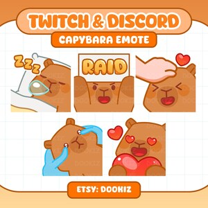 May include: A collection of capybara emotes for Twitch and Discord. The emotes feature a brown capybara in various expressions, including sleeping, holding a "RAID" sign, being petted, crying, and holding a heart. The image has an orange border and text that says "Twitch & Discord" and "Capybara Emote."