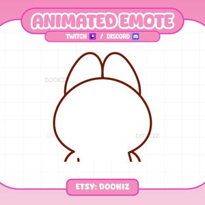 Puede incluir: Gráfico digital rosa con un personaje blanco parecido a un conejo. Las palabras "ANIMATED EMOTE" están en la parte superior, con "TWITCH" y "DISCORD" debajo. El nombre de la tienda Etsy "DOOKIZ" está en la parte inferior.