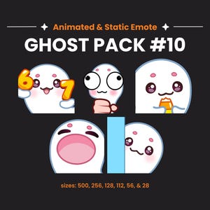 May include: A digital collection titled Animated & Static Emote GHOST PACK #10 featuring five white ghost characters with pink accents. The ghosts display various expressions including holding numbers, wide eyes, eating, and peeking from behind a blue wall.