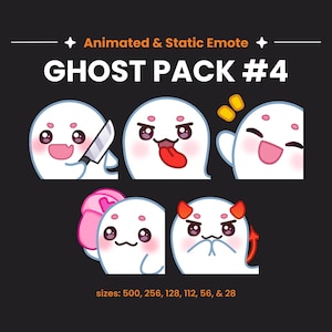 May include: A digital collection titled Animated & Static Emote GHOST PACK #4 featuring five white ghost characters with pink cheeks and various expressions, including holding a knife, sticking out a tongue, waving, wearing a pink bow, and red horns.