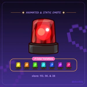 Puede incluir: Gráfico digital de una sirena de emergencia roja con base negra. La imagen incluye el texto "ANIMATED & STATIC EMOTE" y "+7 Color Variations". Debajo, variaciones de color de la sirena en amarillo, naranja, verde, turquesa, azul, morado y rosa.