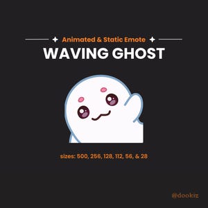 Può includere: Una grafica digitale che mostra un personaggio fantasma bianco con grandi occhi scuri e macchie rosa sulla fronte, che saluta con una mano. Il testo recita Animated & Static Emote WAVING GHOST, con le dimensioni 500, 256, 128, 112, 56, & 28 sotto.