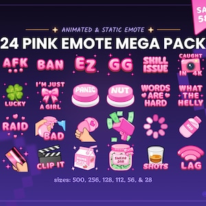 24 Pink Meme Animated + Static Emote Mega Pack for Twitch & Discord | Panic Nut Button, Throwing Sandal, Words are Hard, Loading