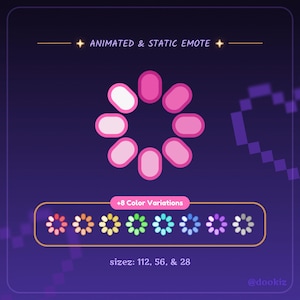 Könnte beinhalten: Digitalgrafik mit einem animierten Emote in Rosa und Weiß, umgeben von einem Ring aus rosa Formen. Der Text "ANIMATED & STATIC EMOTE" und "+8 Color Variations" ist enthalten. Die Größen sind mit 112, 56 und 28 angegeben.