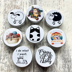 Notion tin round storage for stitch markers, sewing, knitting and crochet notions, cats & sheep