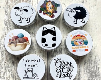 Notion tin round storage for stitch markers, sewing, knitting and crochet notions, cats & sheep