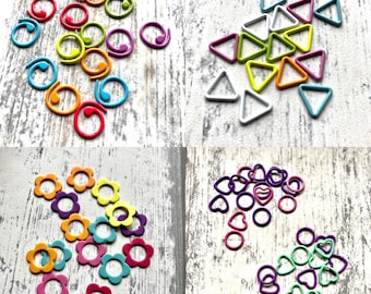 Knitting stitch markers set of 15 snag free flowers, triangles, circles