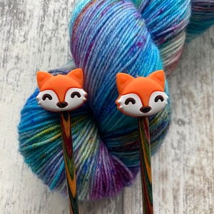 Knitting needle hugger stitch stopper protector assorted designs hedgehog, fox, cactus, doughnut set of two Fox
