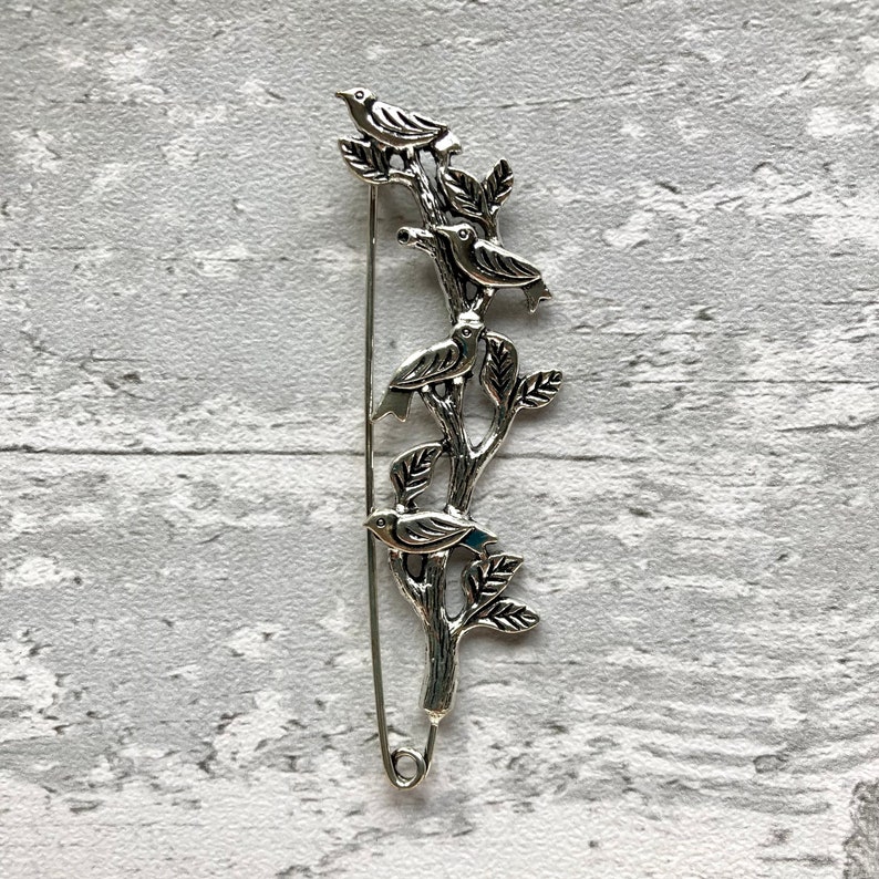 Brooch silver tone choose design leaves, birds, arrow, and flower image 2