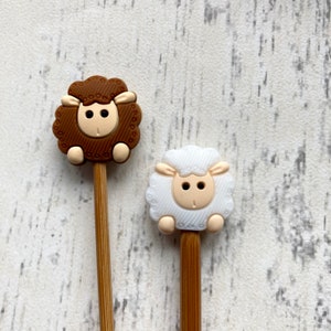 Knitting needle hugger stitch stopper protector assorted designs sheep, sloth, avocado set of two White brown sheep
