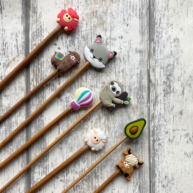 Knitting needle hugger stitch stopper protector assorted designs sheep, sloth, avocado set of two Grey White cat cats