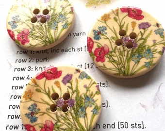 Wooden buttons 30mm Summer flower meadow set of 6