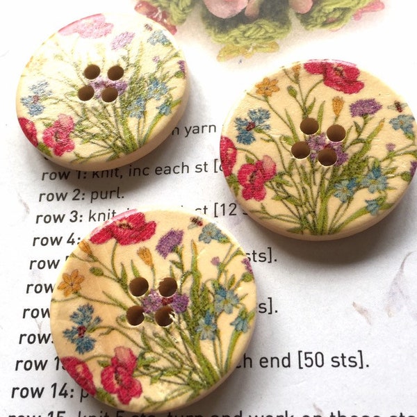 Lot de 6 boutons en bois, prairie fleurie d'été 30 mm