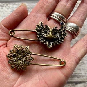 Shawl pin/ brooch filigree flower or owl image 2