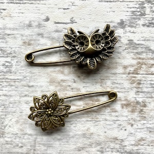 Shawl pin/ brooch filigree flower or owl image 1