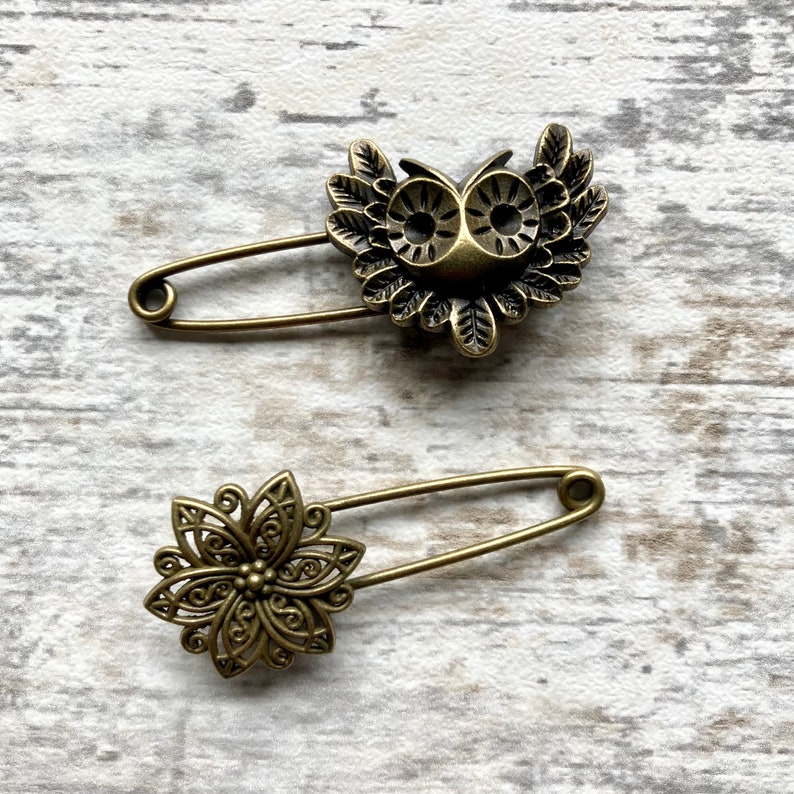 Shawl pin/ brooch filigree flower or owl image 1