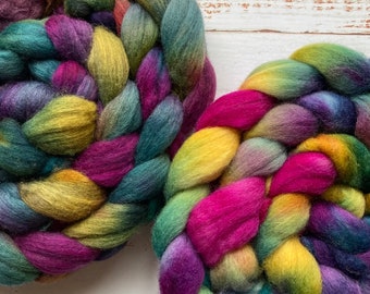 Spinning fibre Corriedale hand dyed combed wool top 100g + Combo spin yarn tutorial
