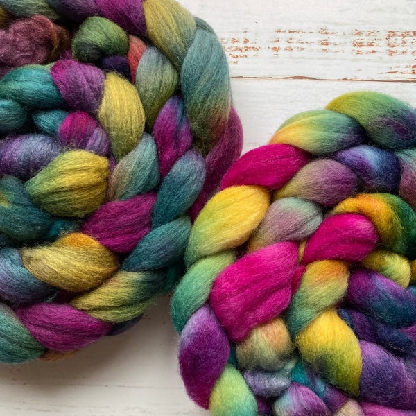 Spinning fibre Corriedale hand dyed combed wool top 100g + Combo spin yarn tutorial