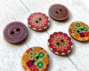 Wooden buttons 20mm mandala funky bright set of 6