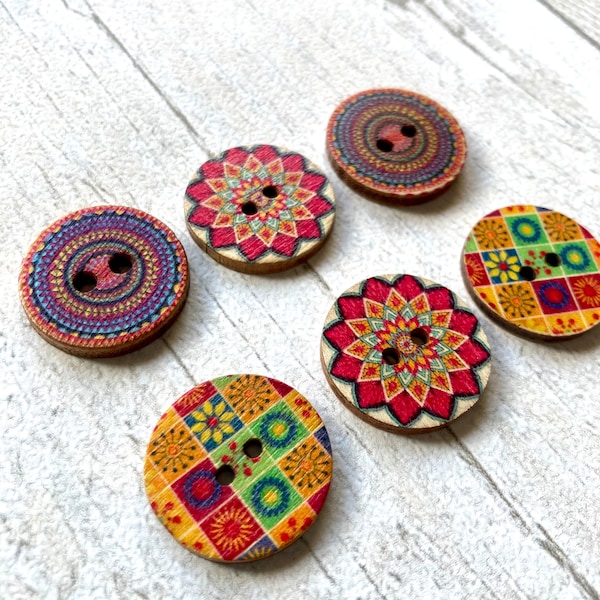 Wooden buttons 20mm mandala funky bright set of 6