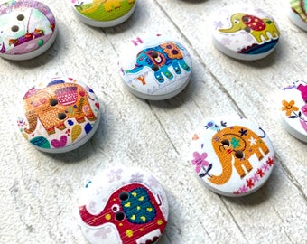 Wooden buttons 20mm cute kids elephants set of 8