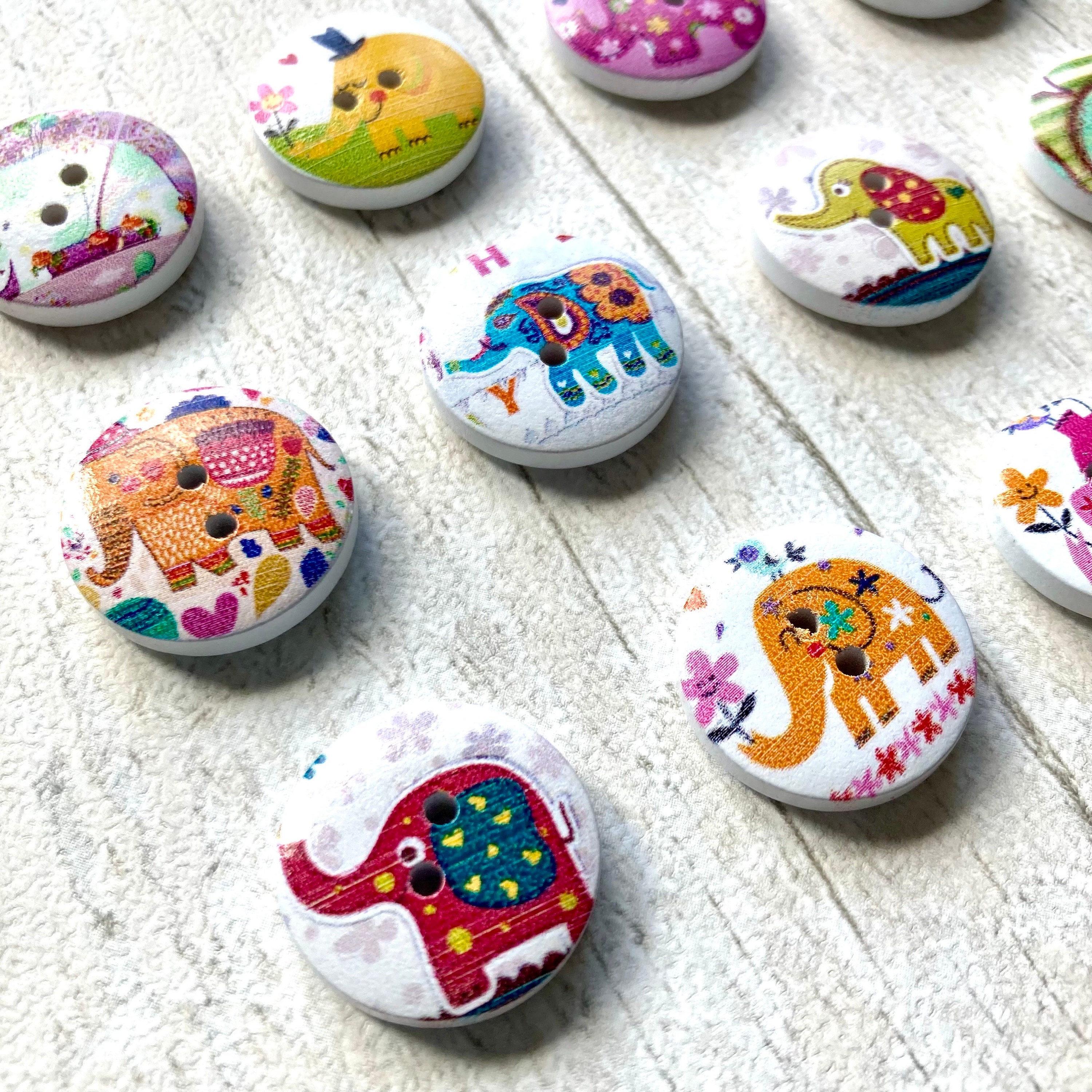 Wooden buttons 20mm cute kids elephants set of 8