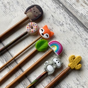 Knitting needle hugger stitch stopper protector assorted designs hedgehog, fox, cactus, doughnut pair of