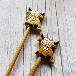 Knitting needle hugger stitch stopper protector assorted designs sheep, sloth, avocado set of two Highland cows