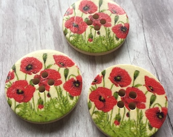 Set of 6 Wooden buttons Poppy Meadow 3cm